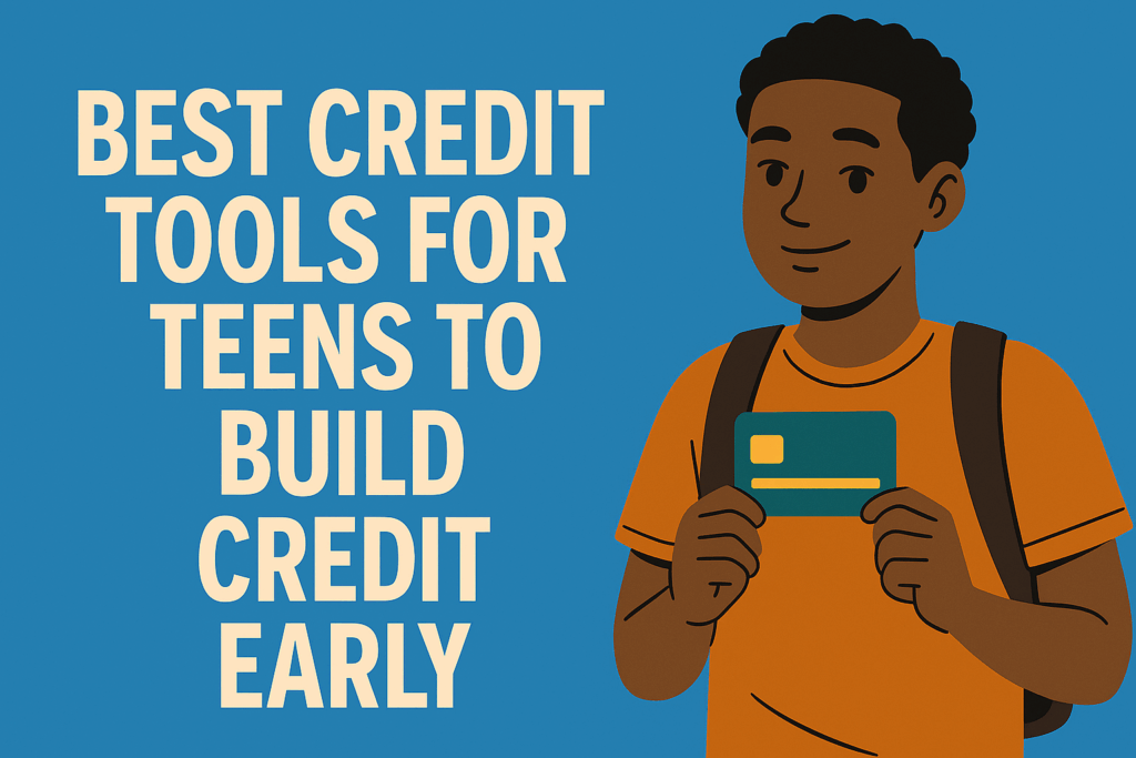 teenage boy holding up a credit card in a stoc photo like fashion for a guide on boosting credit, best credit tools for teens to build credit early