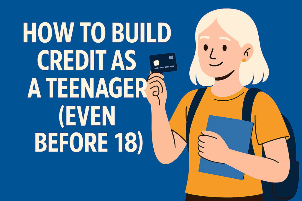 teenage girl holding up a card for a guide on building credit as a teenager